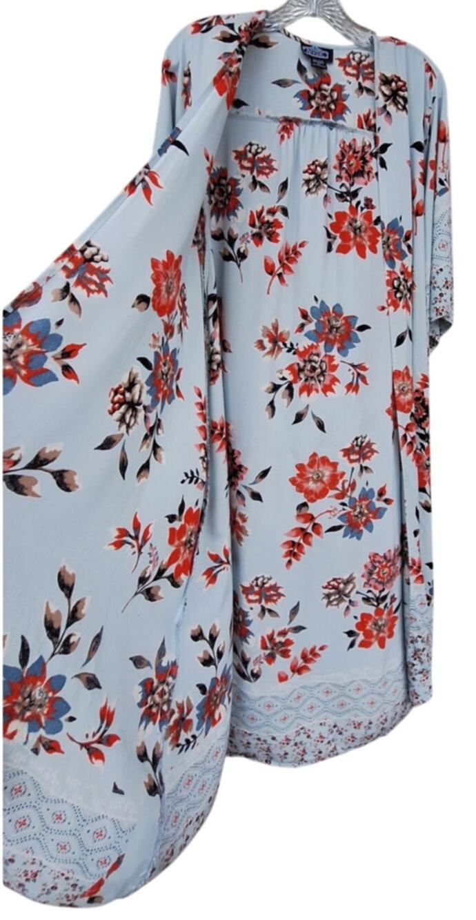 Angie 100% Rayon made in India Floral Kimono Duster Swim cover Light Blue Gray L